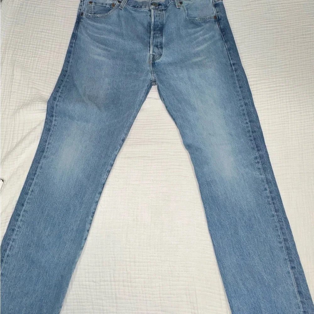 Levis 501 Jeans Mens 36x30 Blue Button Fly Straight Distressed Denim Pants Light